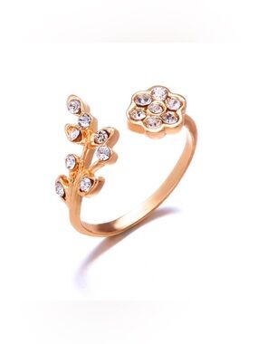New gold flower and leaf rhinestone wrap ring